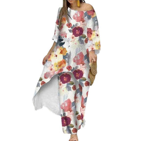 Womens Off Shoulder Irregular Printed Cropped Sleeve Wide Leg Pants Suit-5