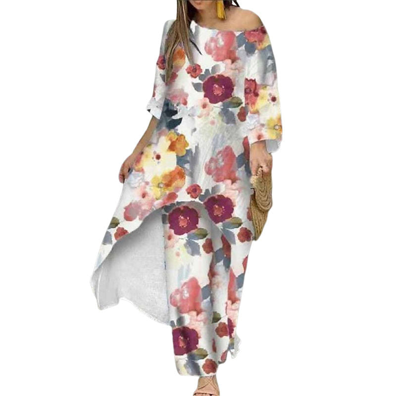 Womens Off Shoulder Irregular Printed Cropped Sleeve Wide Leg Pants Suit-5