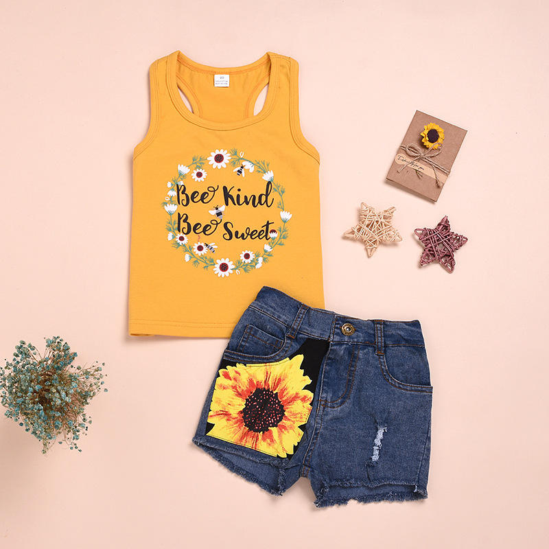 2Pcs Baby Girl Sunflower Outfits Sleeveless Tank Top and Denim Shorts Summer Clothes-Yellow