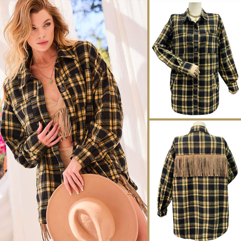 Womens Plaid Jacket Patchwork Fringe Rhinestone Fashion Casual Coat