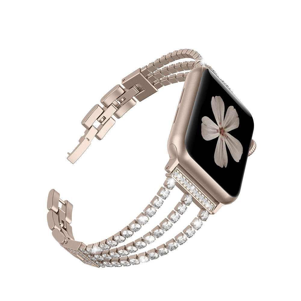 Three Rows Diamond Metal Watch Band For Apple Watch SE/6/5/4/3/2/1(Vintage Gold)