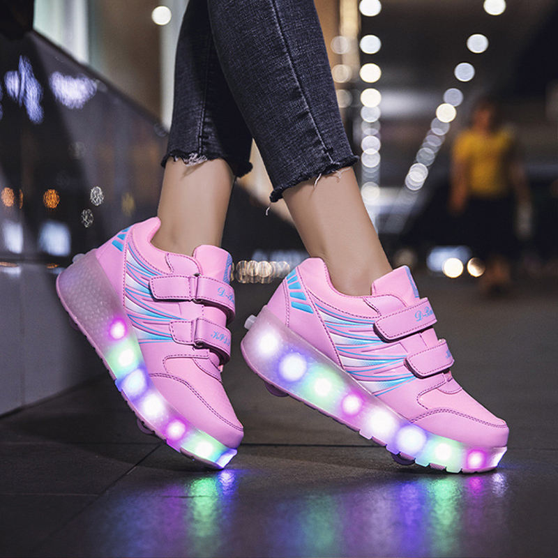Kids Fashion Roller Shoes with Double Wheel USB Charging-Pink