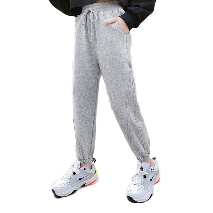 Girls Joggers Long Pants Pockets Outdoor Casual Trousers with Drawstring Splicing-Gray