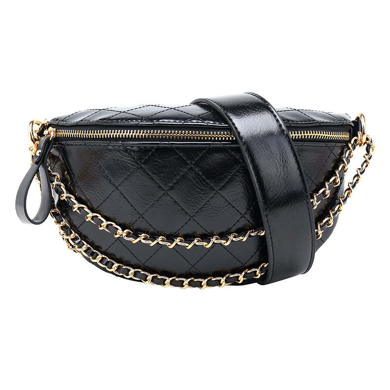 Womens Chest Bag Leather Fashion Crossbody Purse with Gold Chain Strap-Black