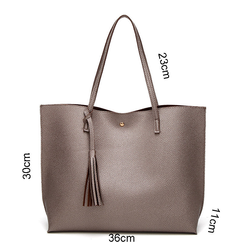 Womens Soft Leather Tote Shoulder Bag Big Capacity Tassel Handbag-Bronze