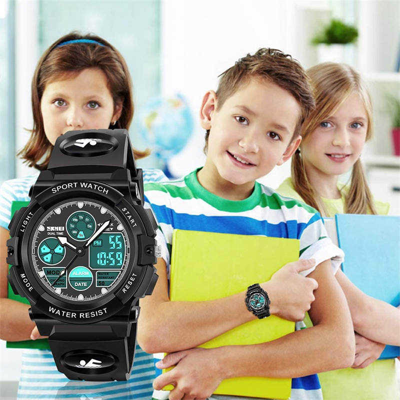 LED Multi Function Sports Waterproof Watch for Kids-Black