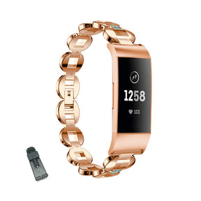 DH Stainless Steel White Diamond+Blue Diamond Watch Band Adjustable Replacement Wristband For Fitbit Charge 2/3 For Women-Rose Gold