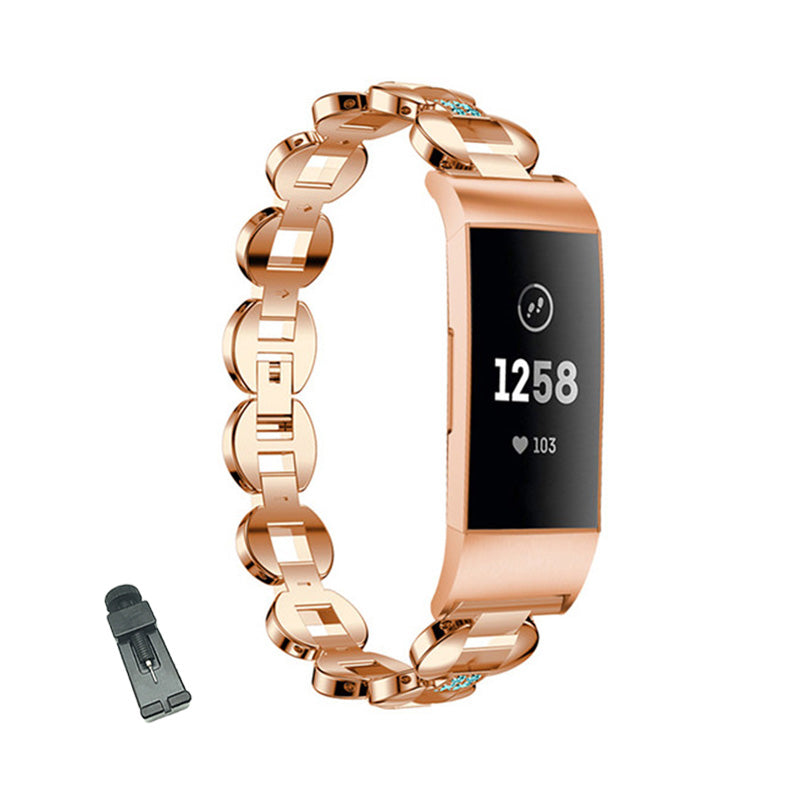 DH Stainless Steel White Diamond+Blue Diamond Watch Band Adjustable Replacement Wristband For Fitbit Charge 2/3 For Women-Rose Gold