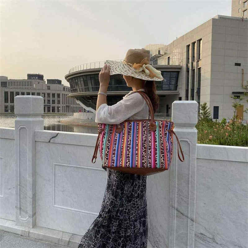 Leopard Print Striped Large Capacity Tote Bag PU leather Shopping Bag-LeopardPrint