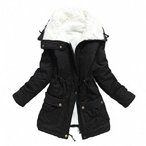 Women's Mid Length Winter Coat Thickened Warm Lamb Wool Lined Jacket-Black