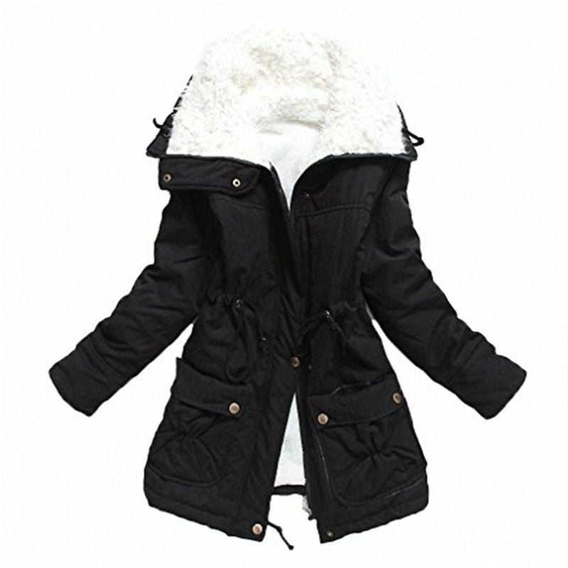 Women's Mid Length Winter Coat Thickened Warm Lamb Wool Lined Jacket-Black