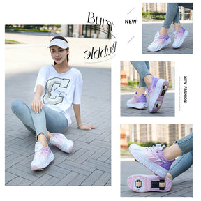 Kids Fashion Double Wheel Roller Skate Shoes Sneakers for Boys Girls-Pinkpurple