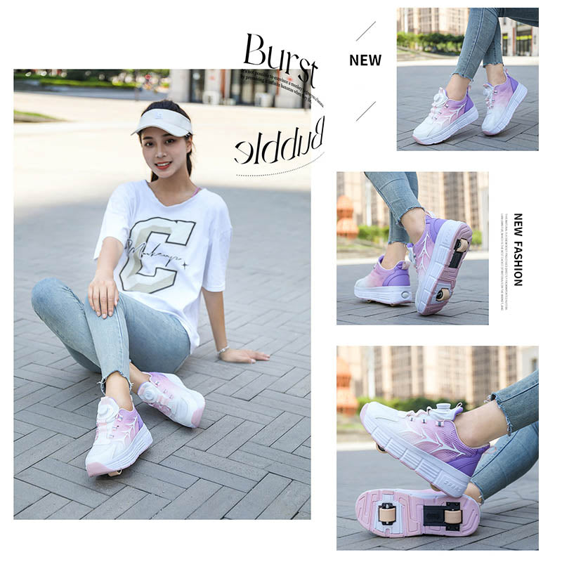 Kids Fashion Double Wheel Roller Skate Shoes Sneakers for Boys Girls-Pinkpurple