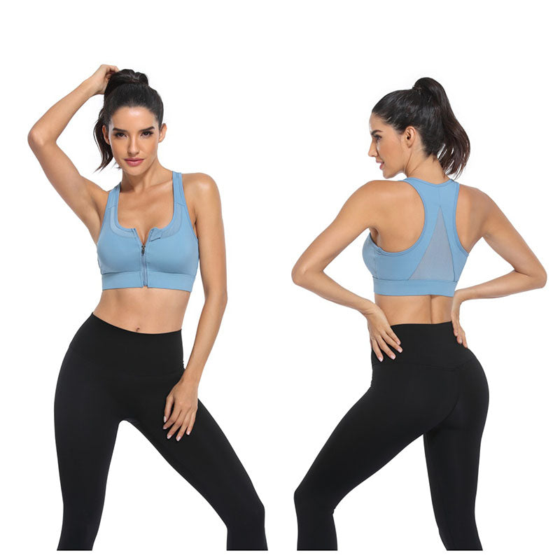 Sports Bra Front Zipper Wide Shoulder Straps Shockproof Yoga Vest -Blue