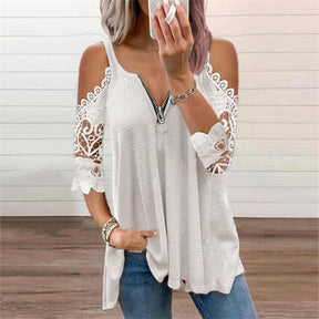 Cold Shoulder Tops For Women Sexy Low Cut V Neck Shirts with Lace 3/4 Sleeve-White