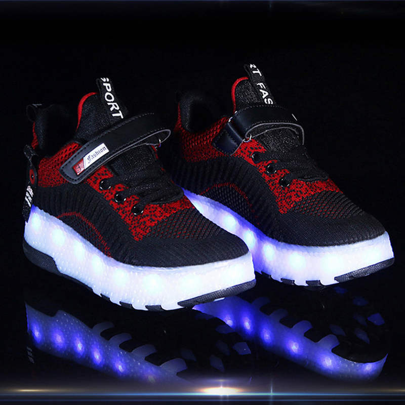 Children Double Wheels Roller Skate Shoes LED Lamp Sneakers-Black