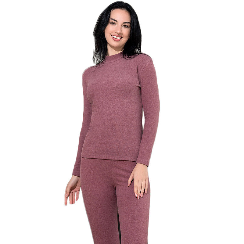 Womens Soft Thermal Underwear Set Plush Lined Half Turtleneck-Bean Paste