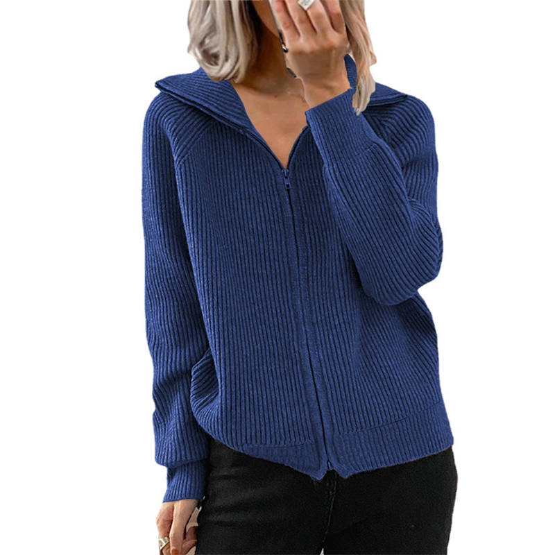 Womens Zip Up Lapel Knit Cardigan Sweaters V Neck Long Sleeve-Blue