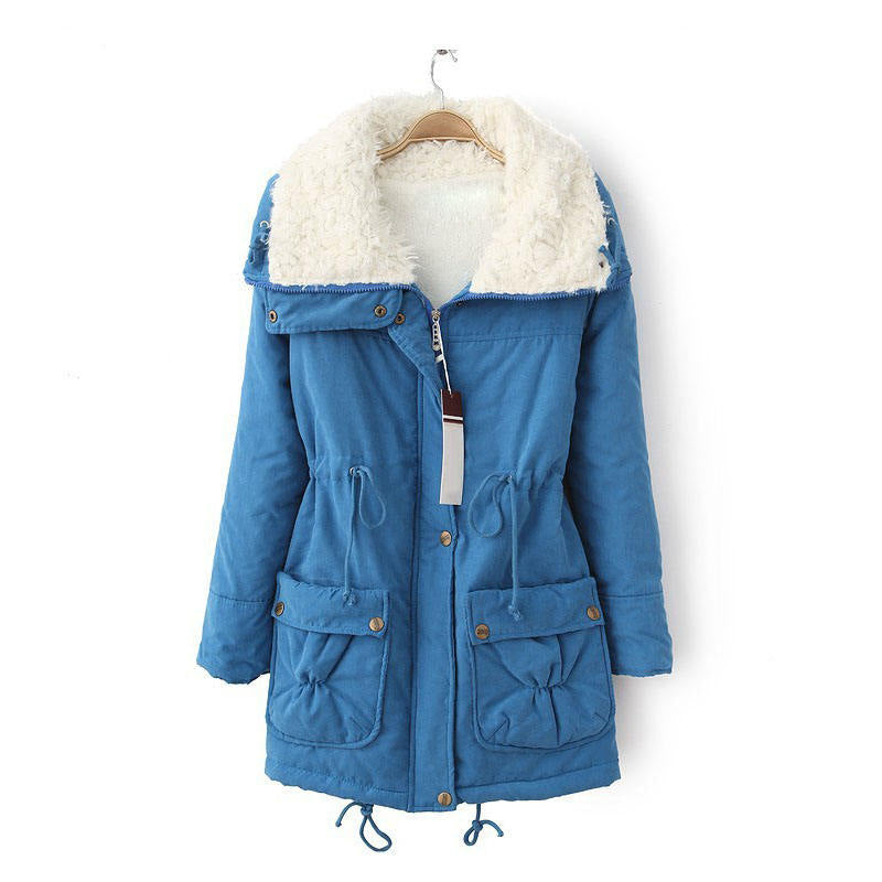 Women's Mid Length Winter Coat Thickened Warm Lamb Wool Lined Jacket-Blue