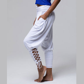 Womens Solid Color High Waist Lace Up Pants Fitness Loose Pants with Pockets-White