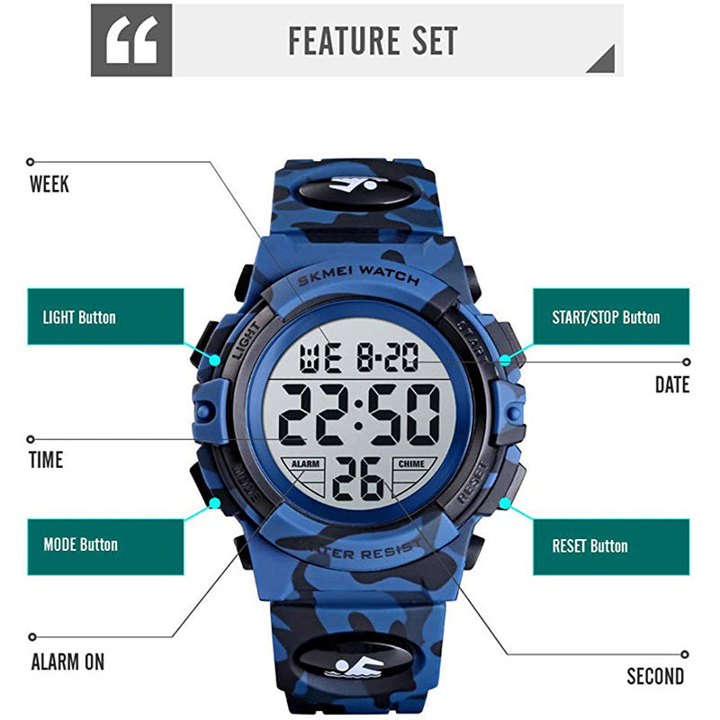 Kids Camouflage Digital Watch Outdoor Sports Waterproof Electronic Watches-DarkBlue