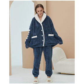 Womens Winter Fleece Pajamas Set Warm Loungewear-Navy Blue