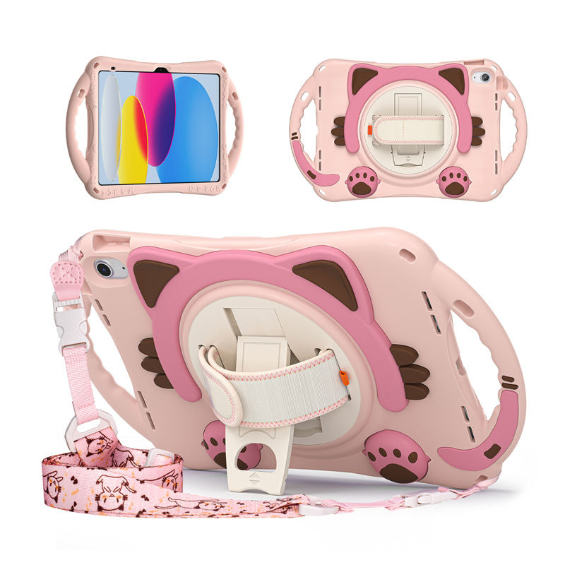 Cat Tablet Case For iPad 10th Rugged with Shoulder Strap-Pink