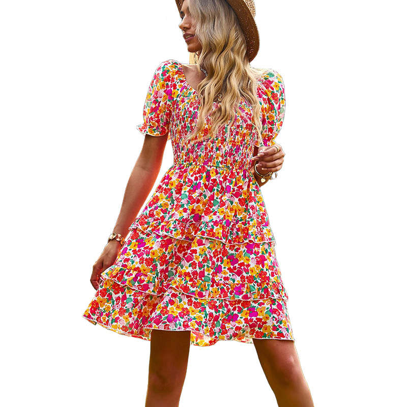 Womens Summer Dress High Waist Floral Smocked Tiered Dresses-Pink