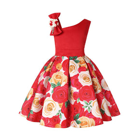 Oblique Shoulder Childrens Dress Rose Print Dress Girls Evening Party Costume-Red