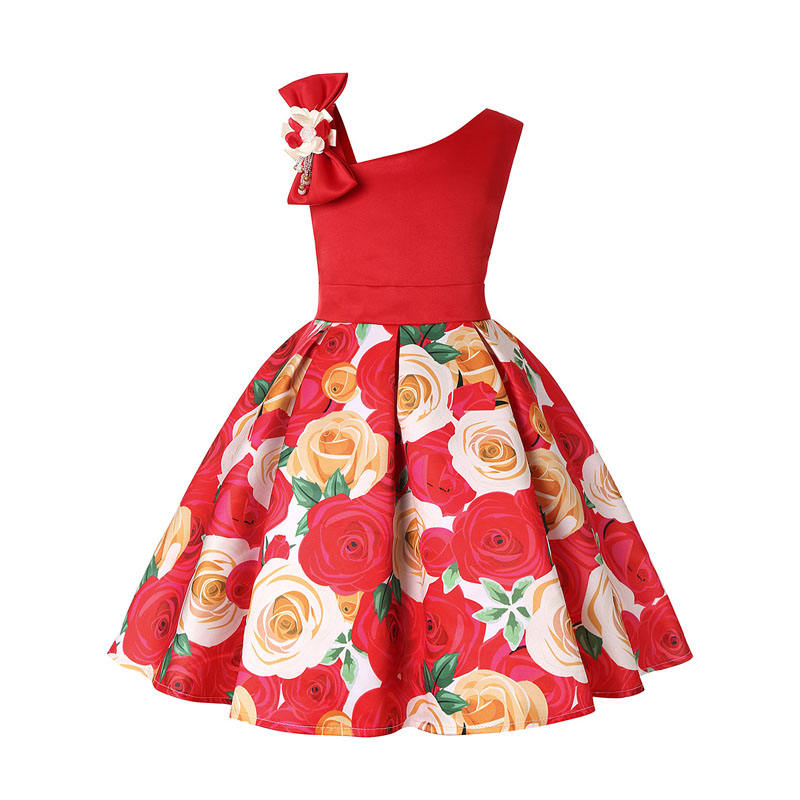 Oblique Shoulder Childrens Dress Rose Print Dress Girls Evening Party Costume-Red