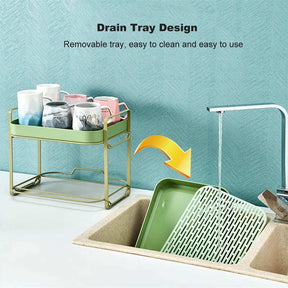 2-Tier Mugs Drying Rack with Drain Tray for Fruits Bowls Storage-Green