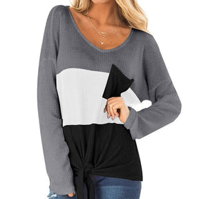 Womens Long Sleeve V-neck Autumn T-shirt Loose Top with Pockets-Gray