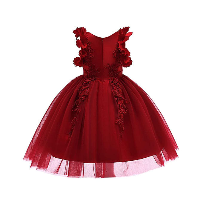 Princess Flower Girl Lace Dress Pageant Kids Christmas Party Dresses-Maroon