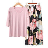 2 Pack Womens Pajama Set Print Sleepwear Soft V-Neck Short Sleeve Top With Pants-3