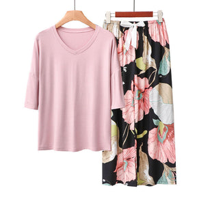 2 Pack Womens Pajama Set Print Sleepwear Soft V-Neck Short Sleeve Top With Pants-3