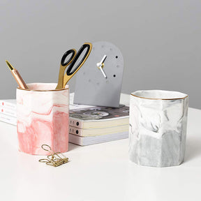 Ceramic Desk Pen Holder Stand Marble Pattern Pencil Cup Pot Desk Organizer Makeup Brush Holder -Pink