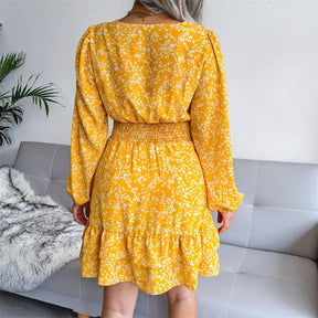 Womens Floral Long Sleeve V Neck Elastic High Waist Chiffon Dress-Yellow