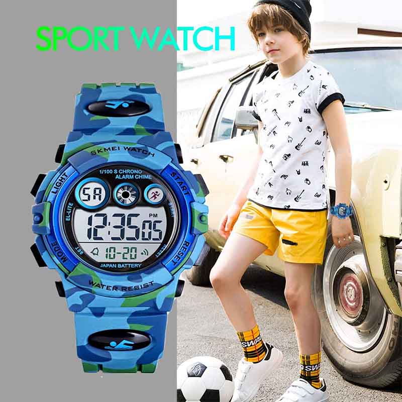 Kids Digital Sport Watches Outdoor Shockproof Military Child Watch-LightBlue