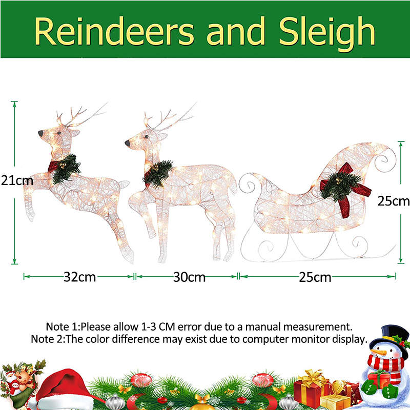 Set of 3 Outdoor Sleigh and Reindeer Christmas Ornament for Yard Lawn