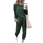 Women Loose Solid Color Long Sleeve Top Casual Drawstring Pants with Pockets-DarkGreen