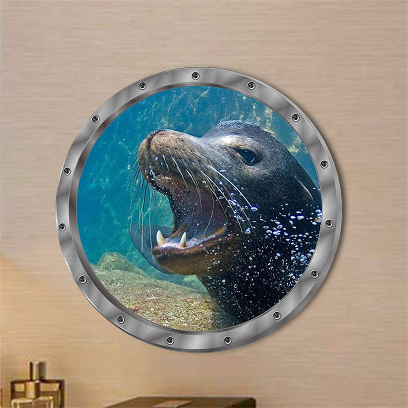 Removable 3D Under The Sea Nature Scenery Decor Submarine Window Sea Lions Wall Sticker