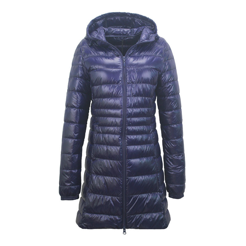 Womens Lightweight Puffer Jacket Hooded Winter Mid Length Coat-NavyBlue