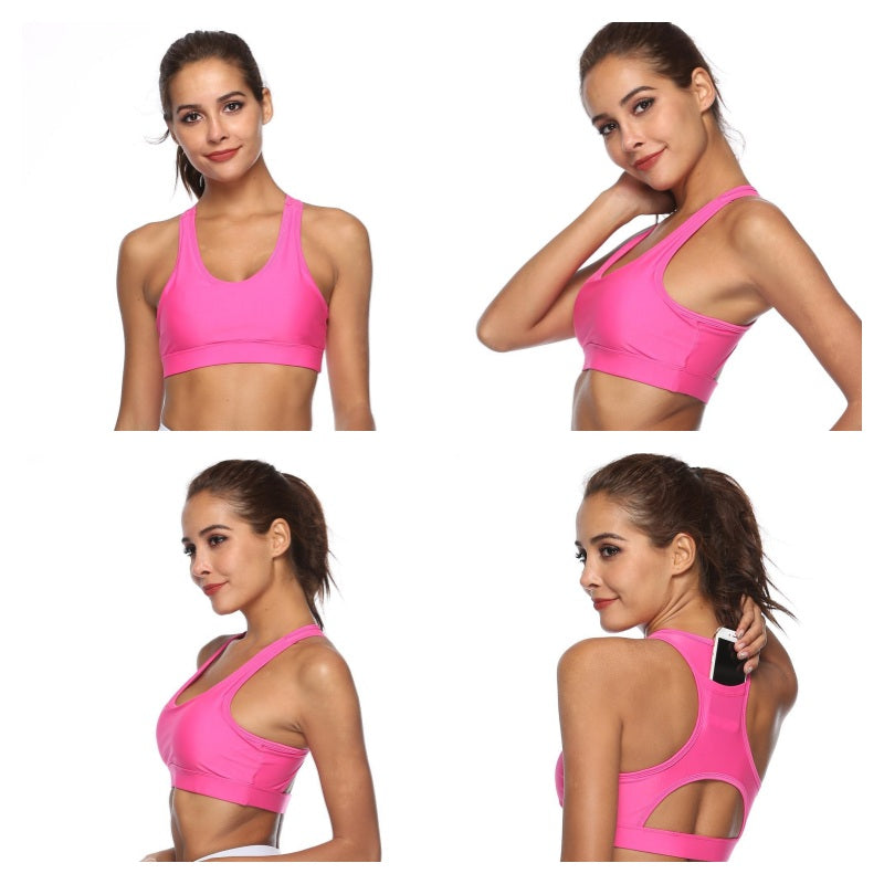 Sports Bra with Back Pocket Medium Support Breathable Underwear-RoseRed