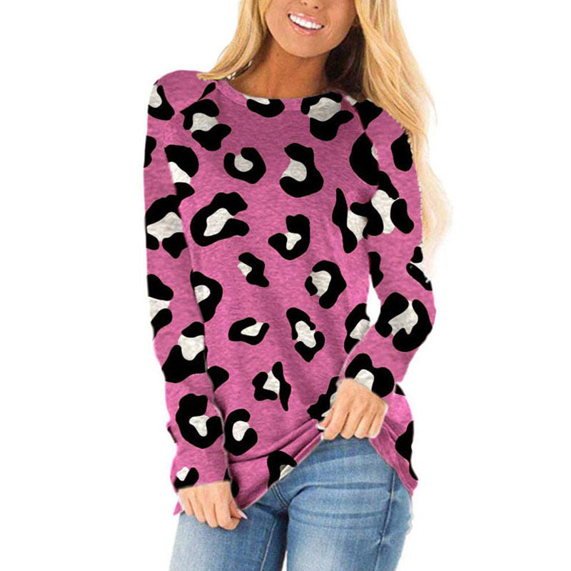 Womens Leopard Print Crewneck Loose Top Long Sleeve-Pink