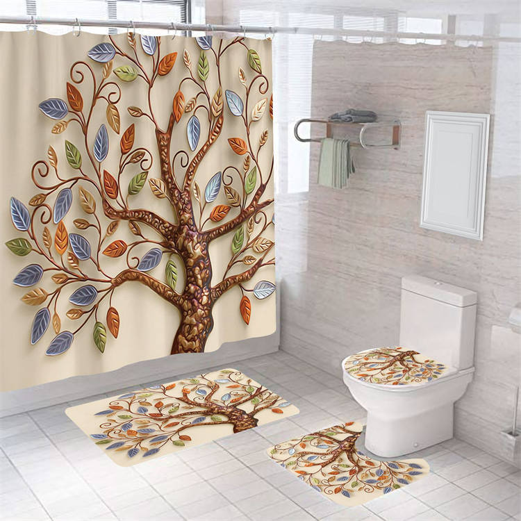 4 Pcs Shower Curtain Set Bath Mat U Shape and Toilet Lid Cover Mat with 12 Hooks-A12