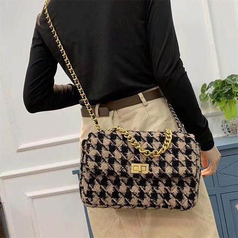 PU Leather Houndstooth Ladies Shoulder Bag Fashion Woolen Cloth Crossbody Bag-Apricot