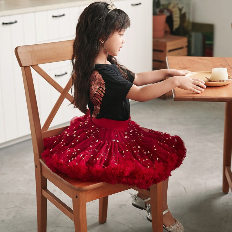 Toddler Girls Layered Tutu Skirt Solid Color Mesh Princess Ballet Dance Dress-RedStar