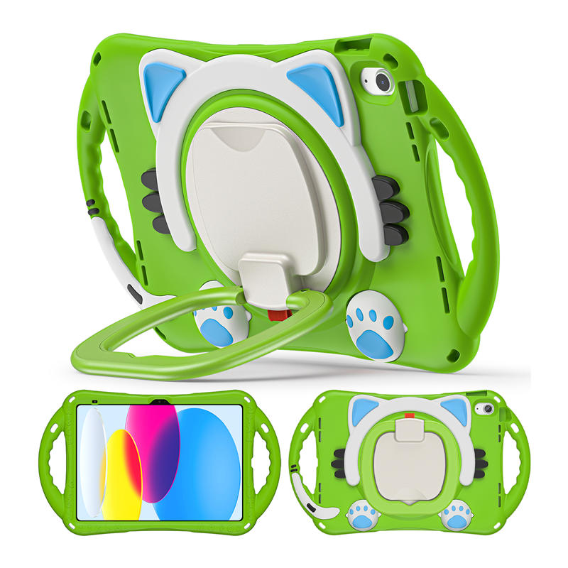 Cat Tablet Case For iPad 10th Kids Friendly with Handle Stand-Green