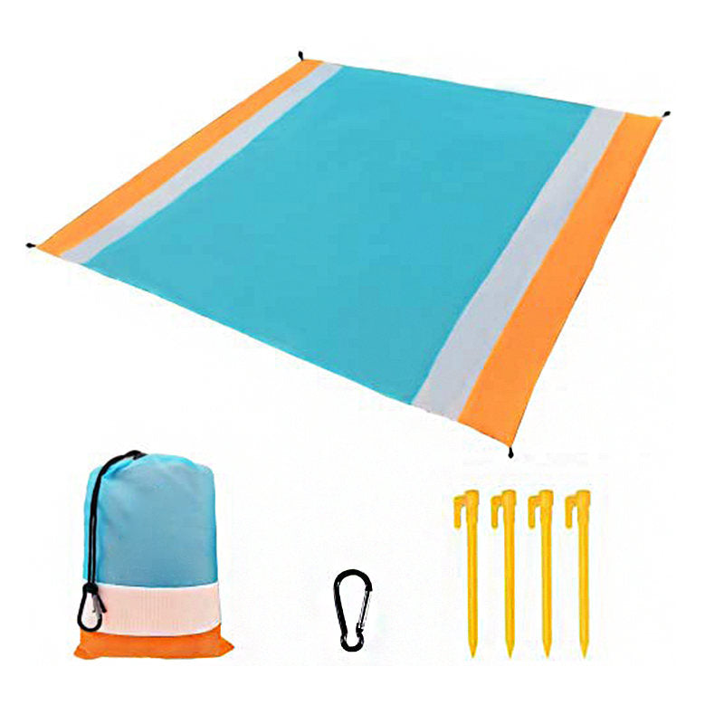 Beach Blanket Large Outdoor Nylon Picnic Mat Sandproof Waterproof-LightBlue White Orange