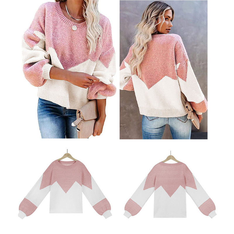 Womens Color Block Loose Knit Pullover Sweater Lantern Sleeve-Pink